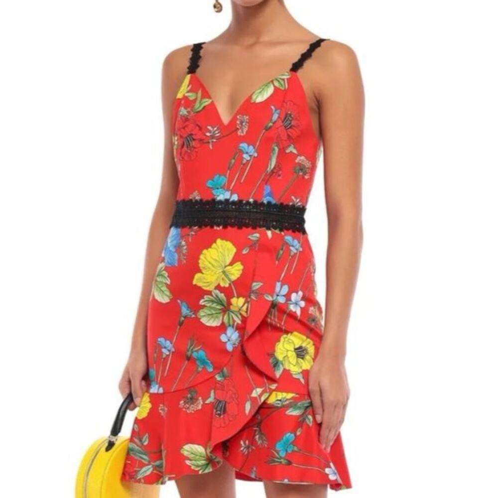 NWT Alice + Olivia Kirby Red Floral Ruffle Dress Size 4 - Picture 2 of 8